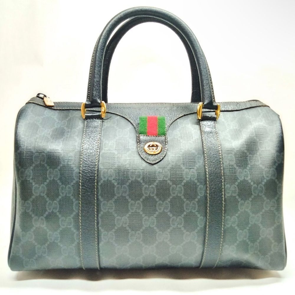 Auth Gucci Black Supreme Monogram PVC Sherry Line Web Doctor Boston Duffel Bag
